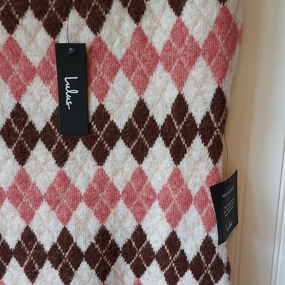 🆕Lulu's‎ Clued In Cutie Brown Pink Cream Multi Argyle Mini Sweater Dress L - Picture 2 of 9